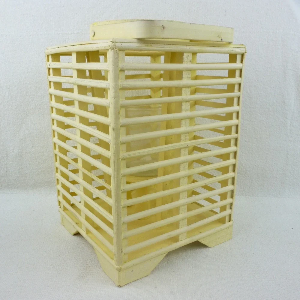 Vintage Yellow Wooden Slatted Lantern Candle Holder with‎ Glass Insert